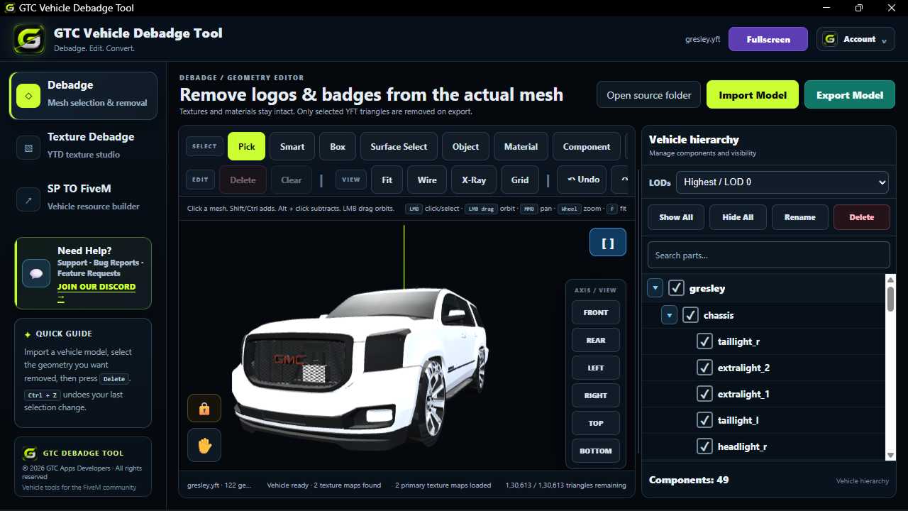 GTC Vehicle Debadge Tool interface